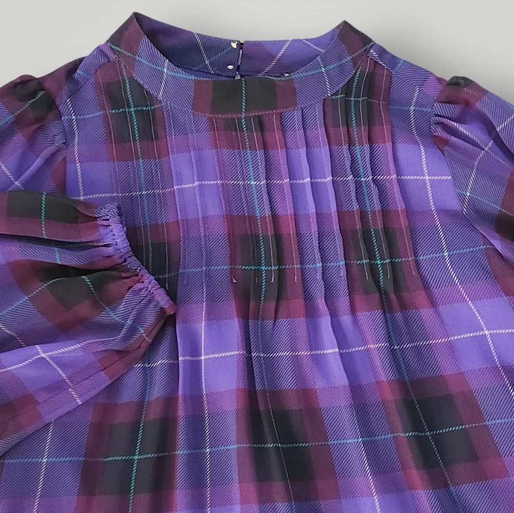 Ann Taylor Purple Plaid Tartan Chiffon Mini Dress XXSP Dark Academia Cottagecore - Picture 2 of 8